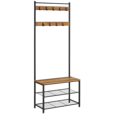 SONGMICS HOME Meuble d’entrée 3-en-1 – Portemanteau avec banc et rangement chaussures, cadre en acier, style industriel, noyer rustique et noir, idéal pour l’entrée
