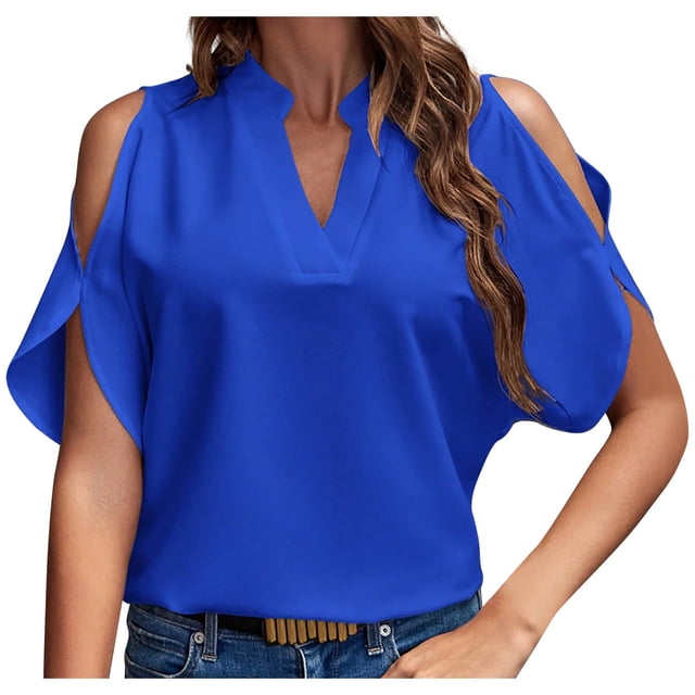 FAIWAD Summer Tops for Women Off The Shoulder V Neck Shirts Solid Color Going Out Blouses
