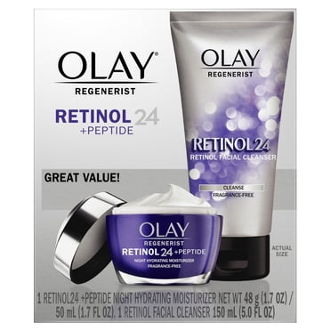 Olay Retinol 24 Anti-Aging Night, Duo Pack, Fragrance Free Night Moisturizer 50 mL, Exfoliating Cleanser 150 mL