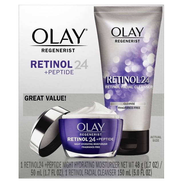 Olay Retinol 24 Duo Pack with 1.7 fl oz night Moisturizing Moisturizing in a purple jar and 5.0 fl oz fragrance-free Retinol facial Cleaner in a silver-purple tube, both containing peptide complex for anti-aging and skin hydration benefits.