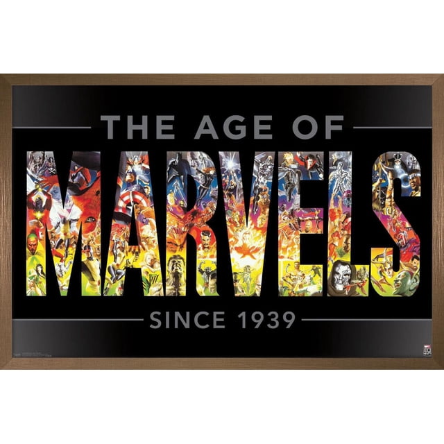 Marvel Comics - Marvel 80e Anniversaire - l'Ère des Merveilles Affiche Murale, 22,375 Po x 34 Po Présentant le Mot « Merveilles » en Grandes Lettres Rempli d'Illustrations Colorées de Superhéros et de Méchants Marvel sur Fond Noir, avec « l'Ère de » au-Dessus et « depuis 1939 » en Dessous, Encadré de Bois, Idéal pour la Déco Murale de la Maison Ou du Bureau.