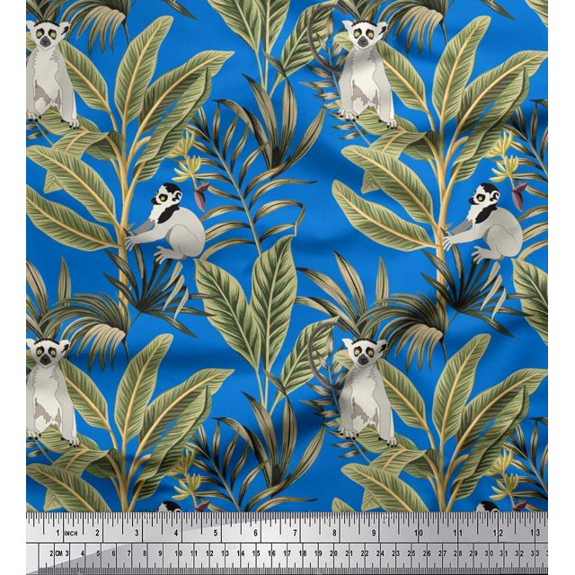 Soimoi Modal Satin Fabric Leaves & Lemur Animal Print Sewing Fabric Yard 42 Inch Wide