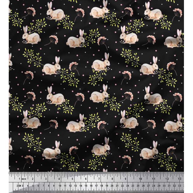 Soimoi Tissu Crêpe polyester à Pois, Feuilles & Tissu Imprimé Animal Rabbit 1 Yard 42 Pouces de Large