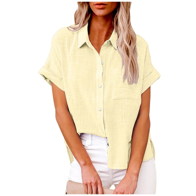 Dealovy Plus Size Womens Button down Shirts Cotton Linen Rolled Short Sleeve Loose Casual Work Blouses