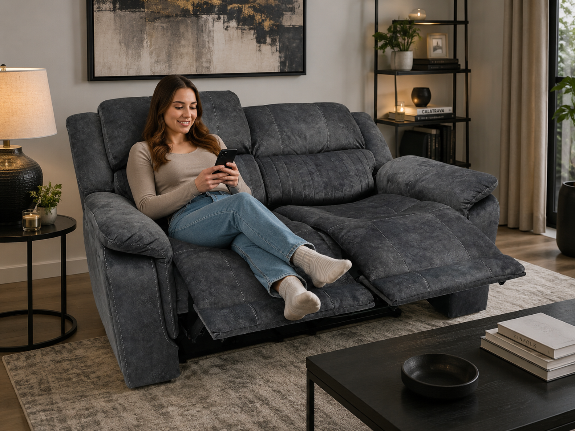 Canapé 2 places moderne K-Living avec fonction relax électrique et ports USB intégrés – Gris – Pour salon