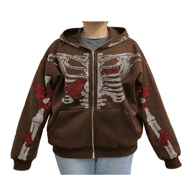 Femmes Y2K Zip Up Sweat à Capuche Casual Skeleton Graphique Sweat à Capuche Veste à Manches Longues avec Poches