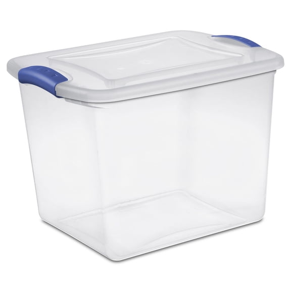 Sterilite Boîte à loquets de 26 litres, petite boîte de rangement en plastique transparent avec couvercle et loquet bleu