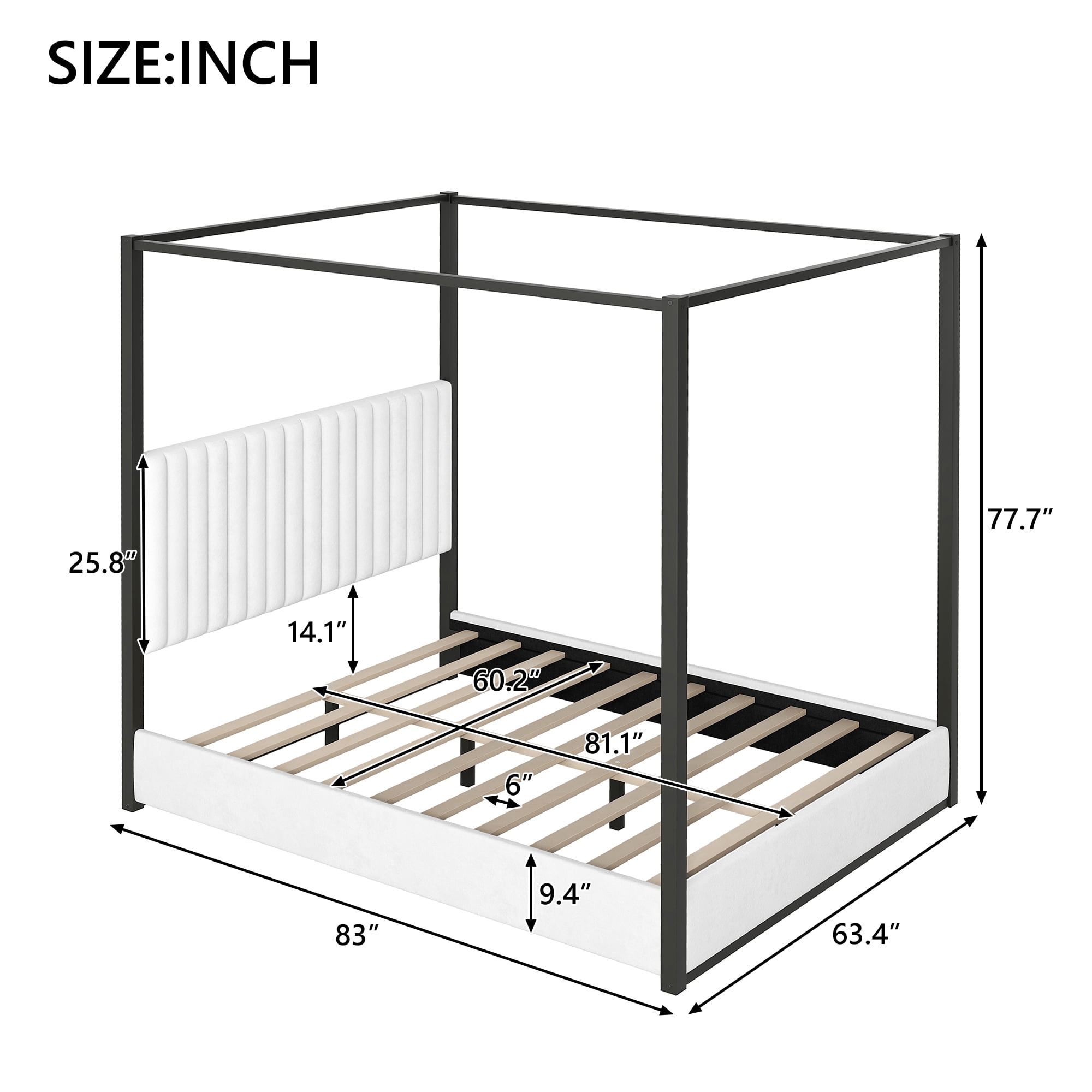 Noble House Queen Size Upholstery Canopy Platform Bed with Headboard and Metal Frame,White