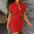 thumbnail image 2 of XZNGL One Shoulder Dresses for Women Sexy Solid Hip Wrap Bandage Turn-Down Collar Buttons Short Sleeve Dresses with Pocket Sexy Summer Dresses for Women Short Sleeve Dresses for Women, 2 of 7