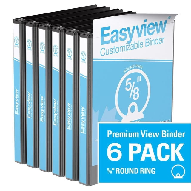 Davis Group Easyview Premium D Ring Customizable View Binder 6 Pack 1 inch with six black binders featuring clear overlay on front cover, spine, and back, 5/8 inch round back-mounted rings for pages to lie flat, made of PVC-free polypropylene with clear interior pockets, ideal for presentations and reports.