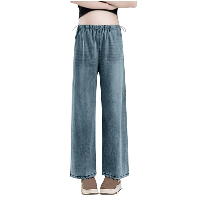 Straight Leg Jeans for Women Side Drawstring Pocket Cropped Casual Maternity
