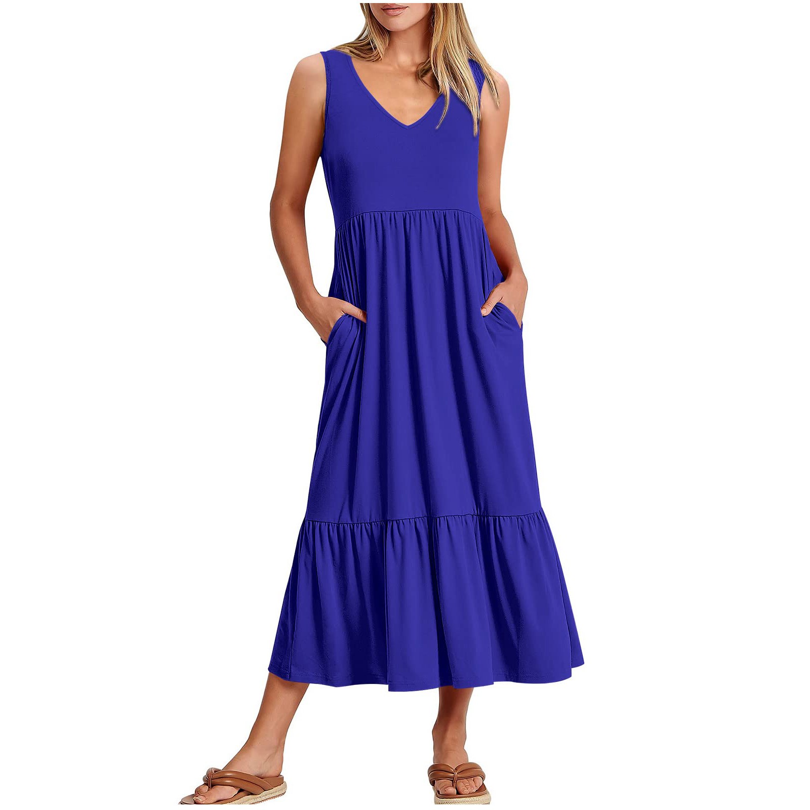 Robes d'Été 2023 Mode Femme Col en V Sans Manches Poches Unies Robe Pull Patchwork Robes de Soirée pour Femmes Élégantes Élégantes en Solde
