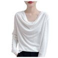 thumbnail image 2 of Roncen Haut à Manches Longues à Col Bénitier pour Femme, Blouse de Base Unie Drapée, Essentiel Extensible pour Superposition, 2 of 5