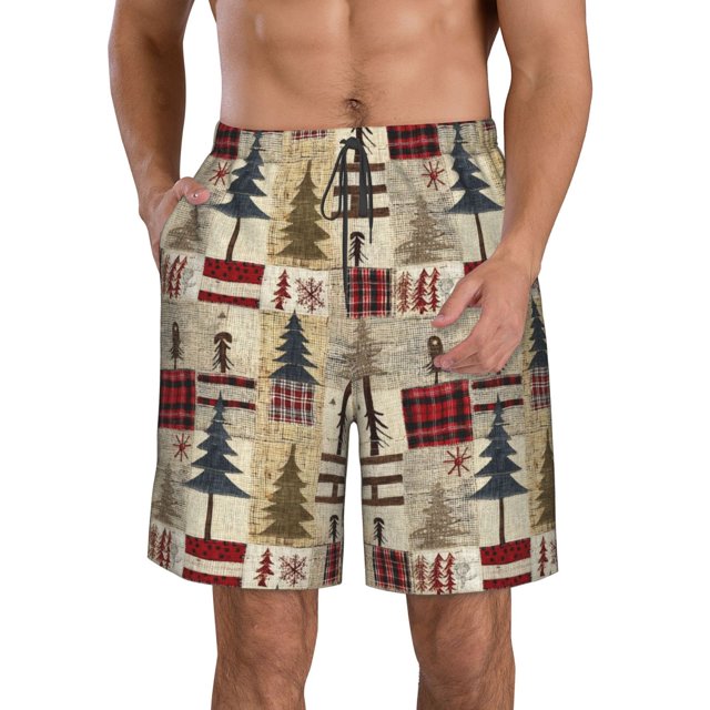 Sikiie Rustic Plaid Forest Lodge Print Men's Beach Shorts, High Elastic Quick-drying Shorts - with Drawstring and Slip Pockets, Suitable for Beach, Sports, Vacation-X-Large