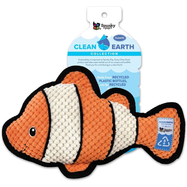 Clean Earth Plush - Textured Clownfish dog toy made from 100% recycled plastic bottles, featuring orange and white textured fabric with black trim, a built-in squeaker, floating design, and a blue recycling tag from Spunky Pup's eco-friendly Clean Earth Collection.