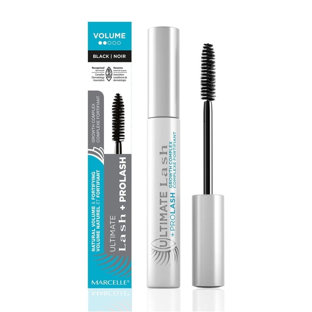 Marcelle Mascara Ultimate Lash ProLash in black with a silver tube and dense-bristled applicator wand, shown with packaging highlighting natural volume and ProLash growth complex for stronger, thicker lashes.