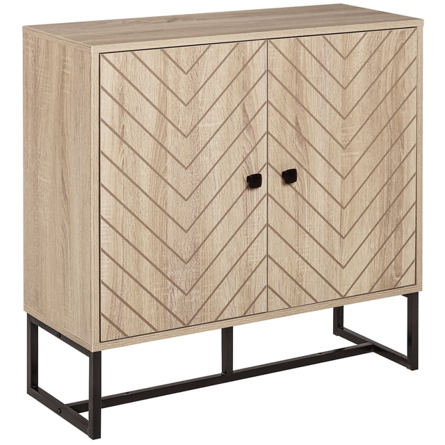 HOMCOM Modern Sideboard Door Cabinet Buffet Table with Storage Shelf featuring a chevron pattern on its oak-finished doors and a chic two-tone design. The cabinet includes an adjustable shelf for versatile storage, magnetic doors for secure closure, and a sturdy steel base with non-slip pads. Ideal for kitchens, living rooms, or entryways, it measures 31.5 inches wide, 11.6 inches deep, and 31.5 inches high.