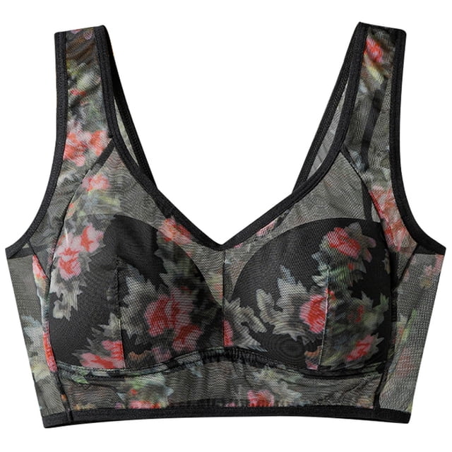 Kcodviy Women's Thin Underwired Mesh Womens Wireless Bra Printed Vest Style Unbuttoned Large Bra Comfortable Beautiful Back Bra