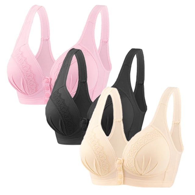 Timegard 3pc Wireless Bras for Women Front Closure Full Support Wide Strap Comfort Breathable Everyday Bra