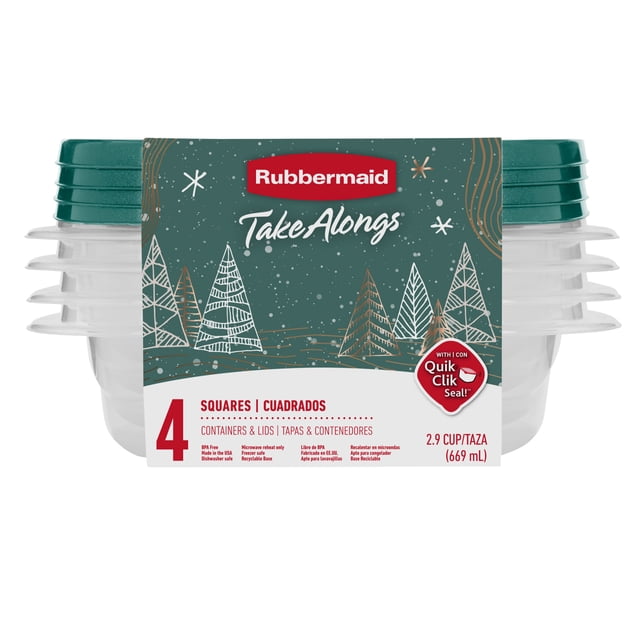 Rubbermaid TakeAlongs 2.9-Cup Square Food Storage Containers with Limited-Edition Blue Spruce lids, set of 4 meal prep containers featuring Quik Clik Seal lids for secure freshness and stacking, clear BPA-free bases microwave-safe for reheating and dishwasher-safe lids, ideal for holiday food storage and organization.