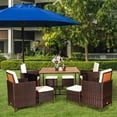 thumbnail image 3 of Costway 9PCS Patio Rattan Dining Set Cushioned Chairs Ottoman Wood Table Top White, 3 of 10