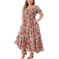 thumbnail image 4 of GRACE & GRANDEUR Robe Maxi Bohème à Fleurs pour Femme Grande Taille, Manches Courtes, Encolure Carrée, Smockée, 1X Rouge, 4 of 6