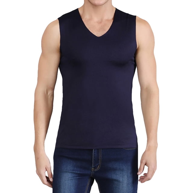 Mens Summer Ice Silk Traceless Thin Breathable Pure Color V-neck Sleeveless Top