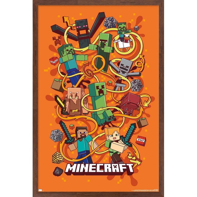 Minecraft - Funtage Wall Poster, 22.375" x 34", featuring pixelated Minecraft characters including Steve and Alex with swords, Creepers, Enderman, Skeleton, Pig, and Ghast, surrounded by Minecraft blocks and swirling yellow lines on an orange background, printed on glossy paper with a brown wood frame, ideal for bedroom or office wall decor.