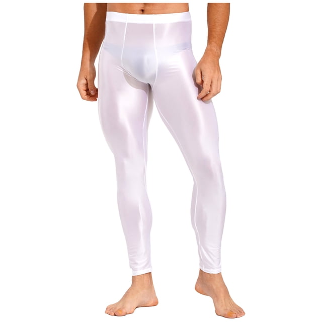 YUUMIN Men's Shiny Compression Pants Oil Glossy Stretchy Workout Sports Base Layer Trousers White L