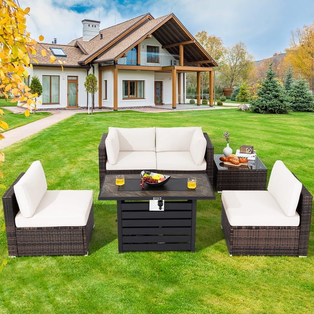 Costway 6PCS Patio Rattan Furniture Set 42" Fire Pit Table Cover Sofa Cushion Off White