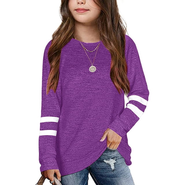 PMVFHDE T-Shirts Graphiques Enfants Filles Tunique Décontractée Col Rond Manches Longues Chandail Chandail en Molleton Blouse Ample Décontractée T-Shirt Violet, 8-9 Ans