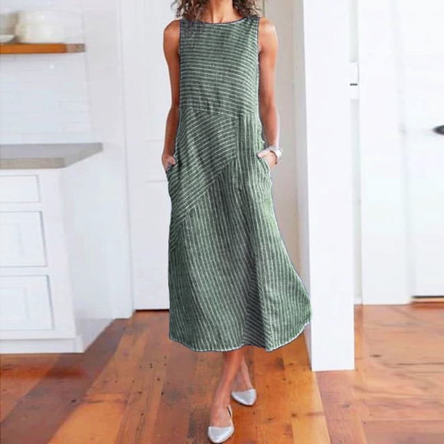 HKEJIAOI Robes Décontractées pour Femmes Offres Liquidation Robe d'Anniversaire Femme Décontractée à Rayures Imprimées Robe Sans Manches Col Lin Poche Longue Robe Vert