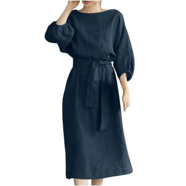 Bigersell Long Bodycon Dresses for Women Summer Female Crew Neck 3/4 Sleeve Midi Casual Dress Style D-177 Hawaiian Dresses Ladies Regular Summer Dresses , Navy L