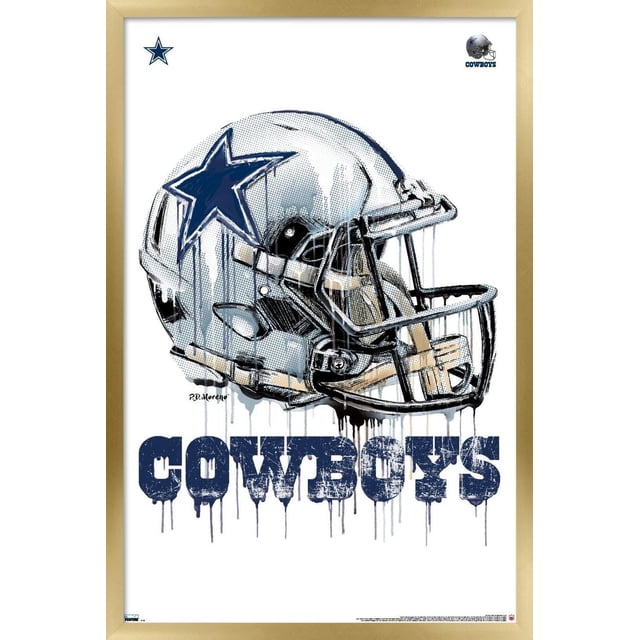NFL Dallas Cowboys - Affiche Murale « Drip Helmet 20 », 22,375 Po x 34 Po Encadrée Présentant une Vue avant Centrée d'Un Casque de football Dallas Cowboys Argenté avec logo Étoile Bleu Marine et Masque Facial Noir, avec Effet de Peinture Goutte à Goutte et Texte « Cowboys » Bleu Marine Vieilli sur Fond Blanc, Idéal pour la Décoration Murale de Maison Ou de Bureau à Thème Sportif.