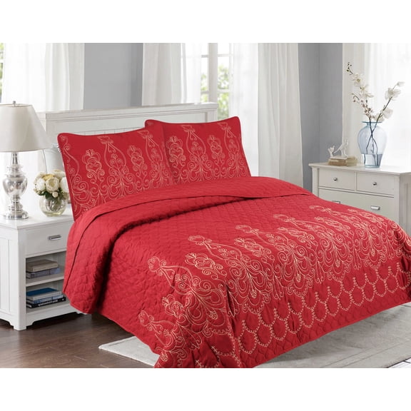 Marina Decoration Embroidered Stitching Coverlet Bedspread Ultra Soft Solid Bedding Summer Quilt Set with Quilted Sham, Gold Floral Red Pattern