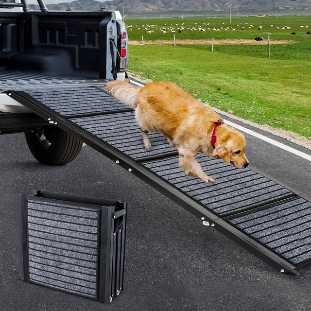 71-inch foldable dog ramp for large dogs by Furggis, shown in use with a golden retriever walking up into a truck. The ramp features a non-slip rug surface for optimal traction and a durable aluminum frame supporting up to 220 lbs. A compact, folded version of the ramp is displayed in the foreground, highlighting its portability and collapsible design. Ideal for medium and large dogs to access cars, SUVs, and trucks.