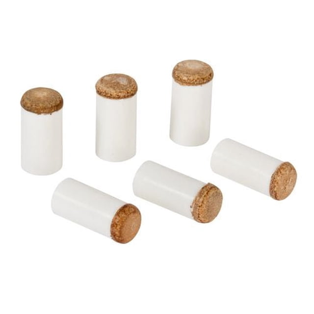 EastPoint Sports Press On Billiard Cue Tips/Ferrules set with six white nylon ferrules and brown hard leather cue tips, including three 12mm and three 13mm sizes, designed for easy press-on replacement without glue, suitable for maintaining cue performance.