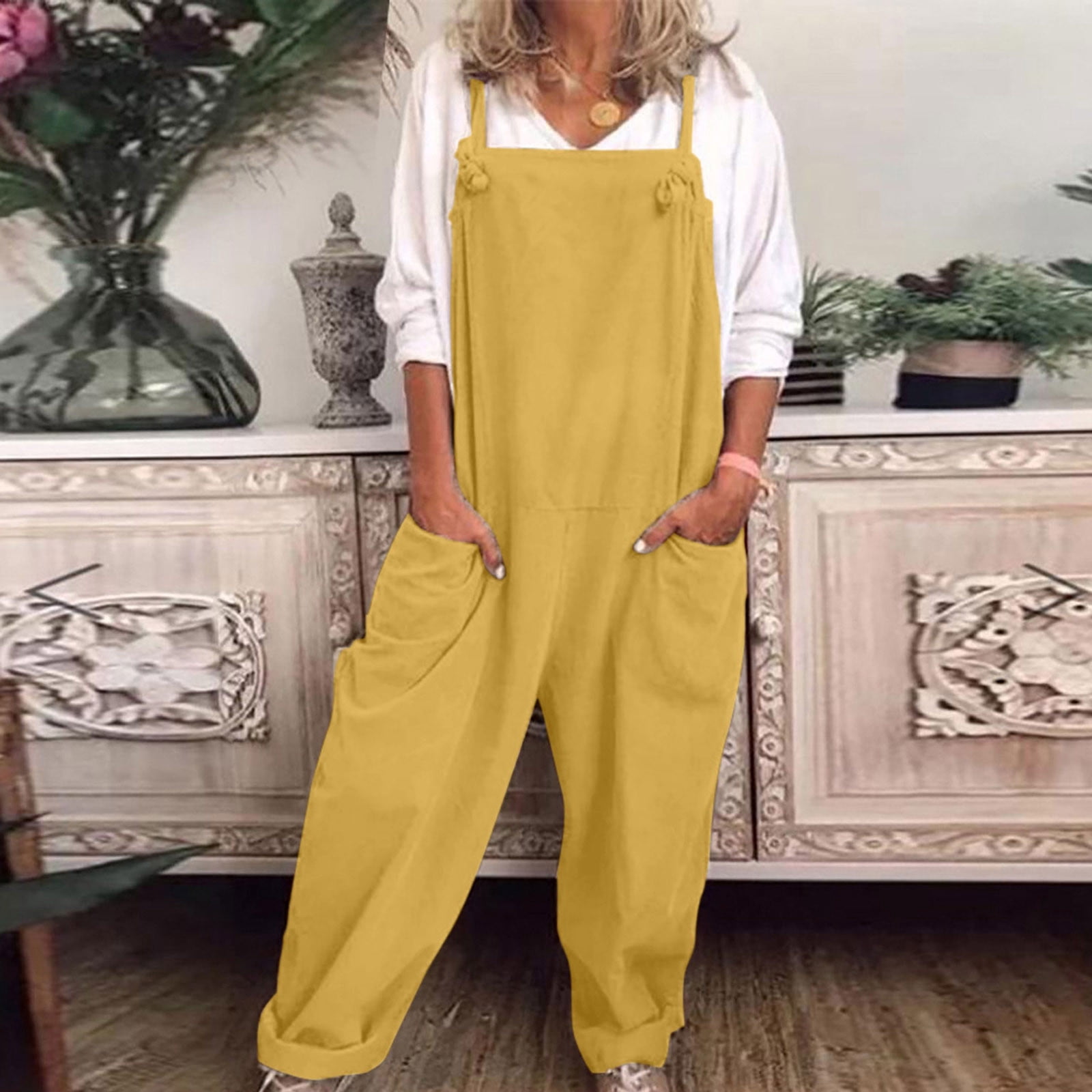 Fankiway Salopette Décontractée Ample pour Femme, Coton et Lin, Taille P