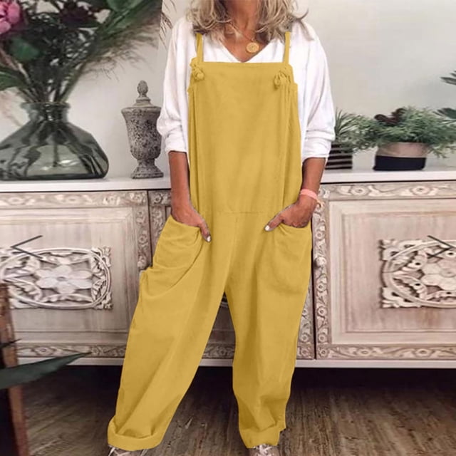 Fankiway Salopette Décontractée Ample pour Femme, Coton et Lin, Taille P