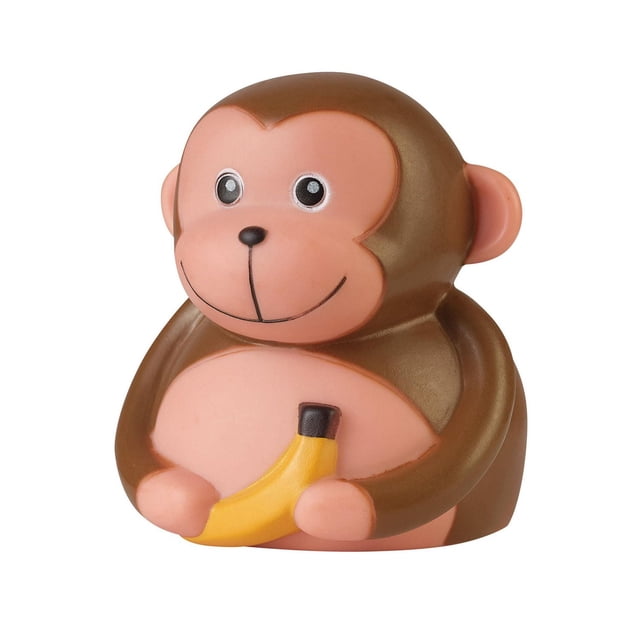 LED Integrated Brown Monkey Automatic Dusk to Dawn Plug-In Kids Night Light shaped as a brown and peach monkey holding a yellow banana, featuring energy-saving LED that emits a soft white 3000K light, designed for indoor use in children's rooms and nurseries