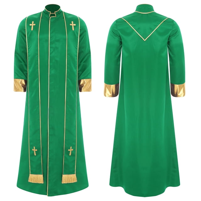 Moggemol Robe de Clergé pour Hommes avec Étole Costume de Prêtre Jeu de Rôle Manches Longues Croix Dorée Soutane Verte G