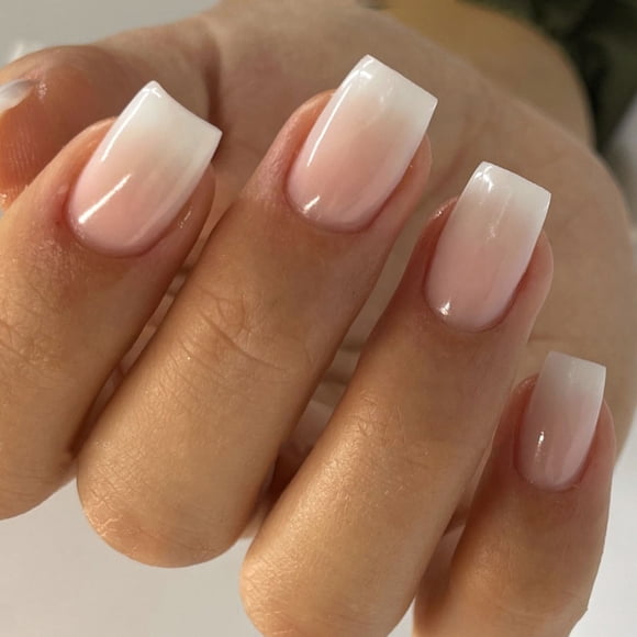 HHBEAUTY Press on Nails Short Square Fake Nails French Tip False Nails with Designs White Pink Gradient Glue on Nails Glossy Acrylic Stick on Nails Nude Artificial Nails for Women Manicure 24Pcs