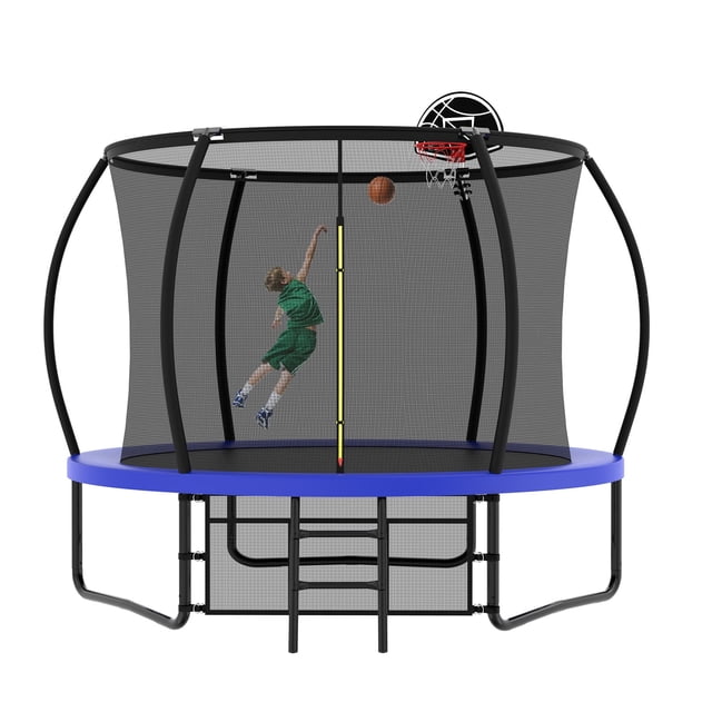 UIOWIO 10 ft recreational trampoline for kids and adults designed for outdoor play, featuring a blue pumpkin-shaped frame with a basketball hoop, ladder, and enclosure net. The trampoline includes six foam-wrapped safety poles, three W-shaped support legs, and a UV-resistant polypropylene jump mat. A child is jumping towards the basketball hoop in a backyard setting, showcasing its suitability for kids' trampolines.