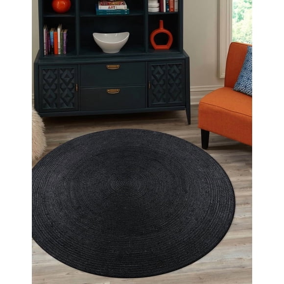 Aizza Trends 2 Ft Round Black Jute Area Rug, Boho Chic Natural Jute Area Rug - Hand-Braided, Rustic Farmhouse Decor for Living Room Carpet,