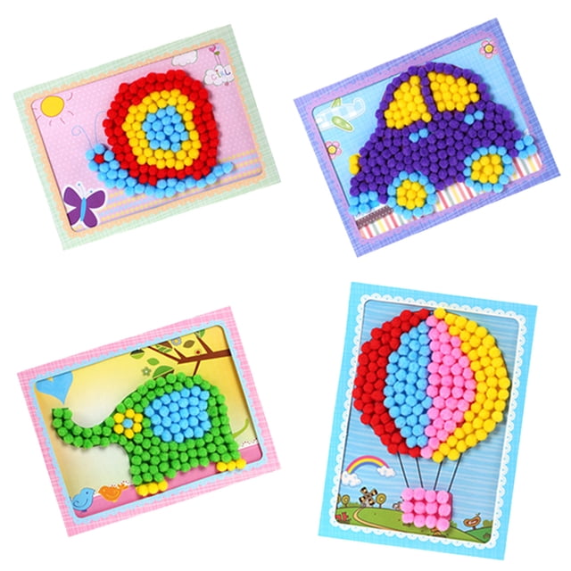 Binwennn 1PCS Sticky Bulb Art Sticker Art Kits for Kids featuring colorful bulb stickers arranged on four designs: a snail, a car, an elephant, and a hot air balloon. Each design uses vibrant colors like red, blue, yellow, green, and purple, enhancing creativity and color recognition. Suitable for preschool art classes, early education, and kids aged 3-12. Packaged in an OPP bag, this kit includes materials for DIY crafts and arts activities.