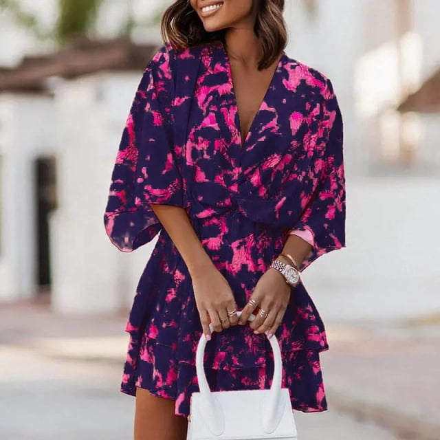 Women‘s Floral Print Mini Dress Pleated V Neck Drawstring Elastic Waist Ruffle Layered Mini Dress