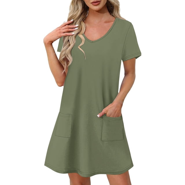 Liquidation d'Été 2025! Robe Grande Taille pour Femmes, Liquidation de Robe d'Été pour Femmes, Mode Féminine Robe Décontractée à Manches Courtes Col en V Couleur Unie