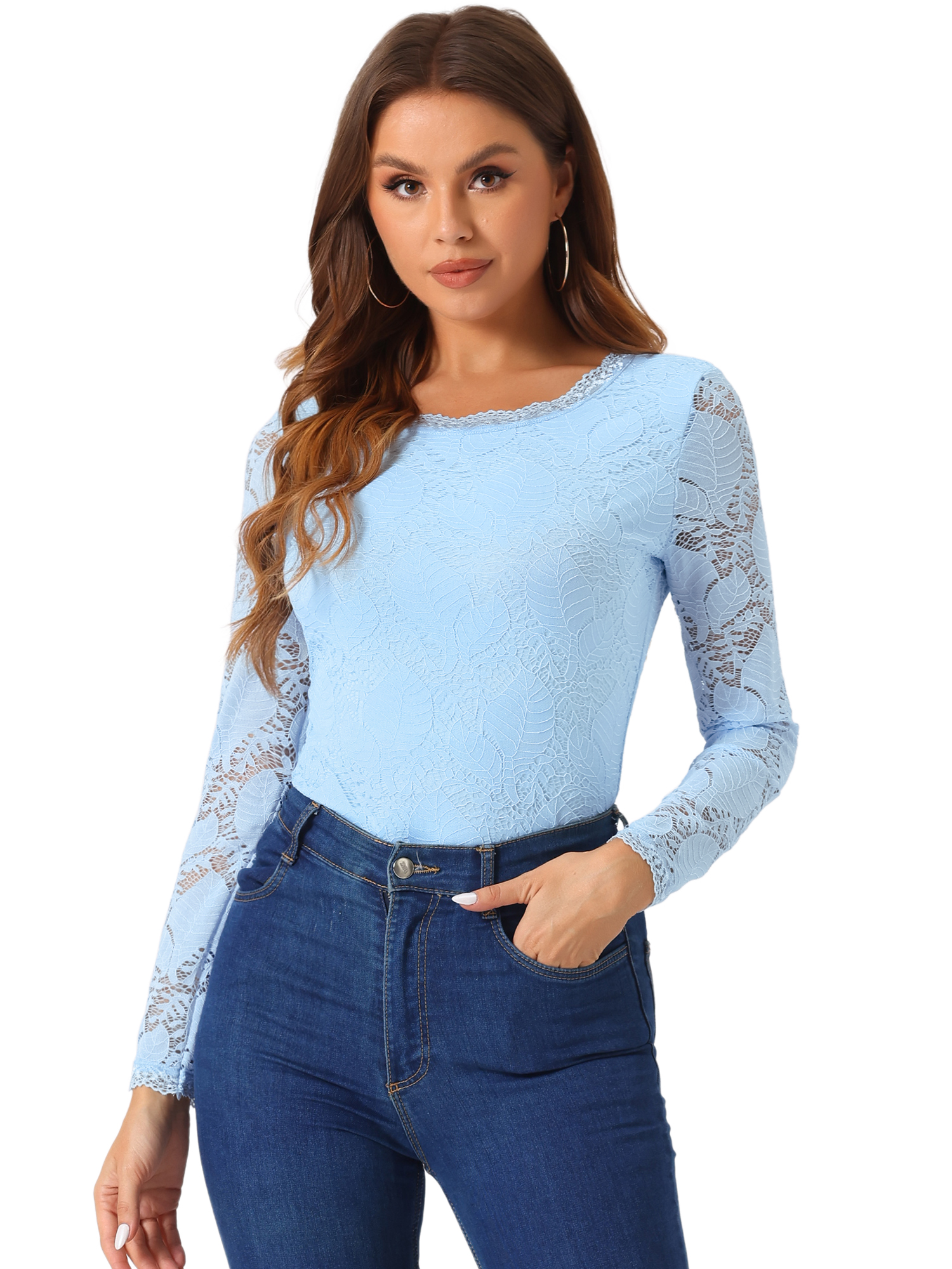INSPIRE CHIC Women's Semi Sheer Long Sleeves Flower Embroidery Lace Top