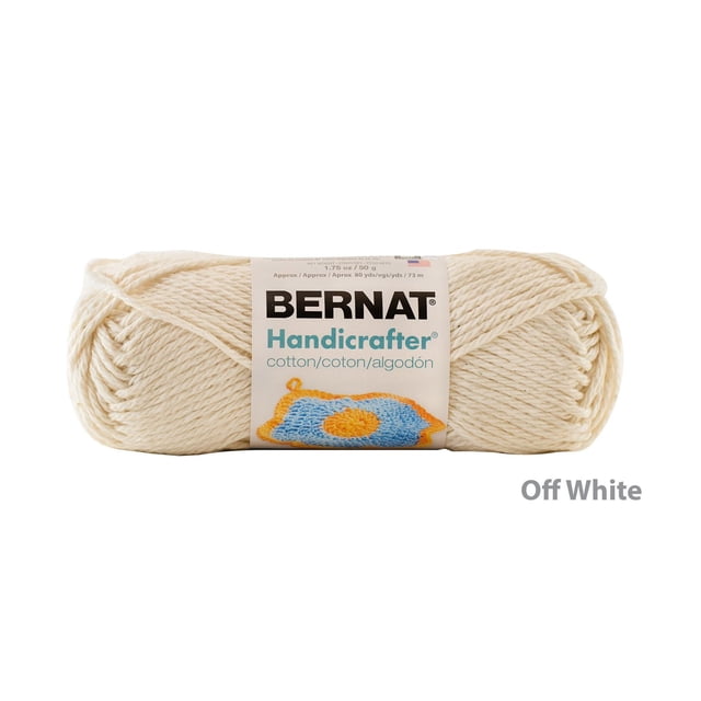 Bernat® Handicrafter® Fil, Coton #4 Moyen en Blanc Cassé, Écheveau de 1,75 Oz/50 g avec 80 Verges de Fil de Coton 100 % Cultivé aux É.-U., Montré à l'Avant avec une Étiquette Affichant un motif Bleu et Jaune au crochet, Idéal pour des Projets de Tricot et de crochet pour la Déco de la Maison Incluant des Lavettes et des Maniques, Lavable à la machine et Séchable.