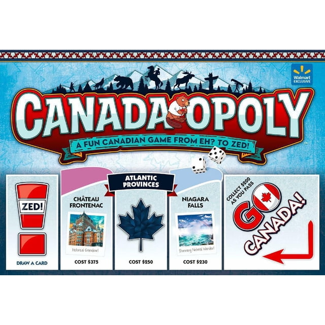 Canada-opoly board game showing a section of the board with Atlantic Provinces properties including Château Frontenac priced at $375, a blue maple leaf token at $250, and Niagara Falls at $230, alongside two dice and the 'Go Canada!' start space with a red arrow, representing a Canadian-themed property trading game exclusive to Walmart.
